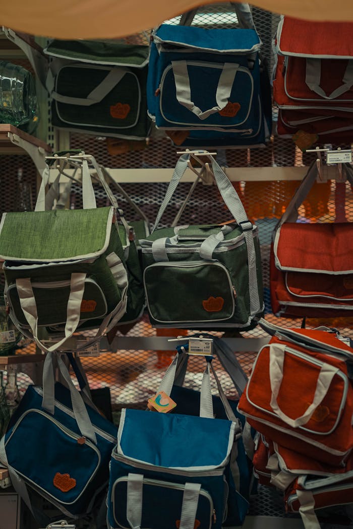 A vibrant display of canvas bags in various colors and styles on a store shelf.