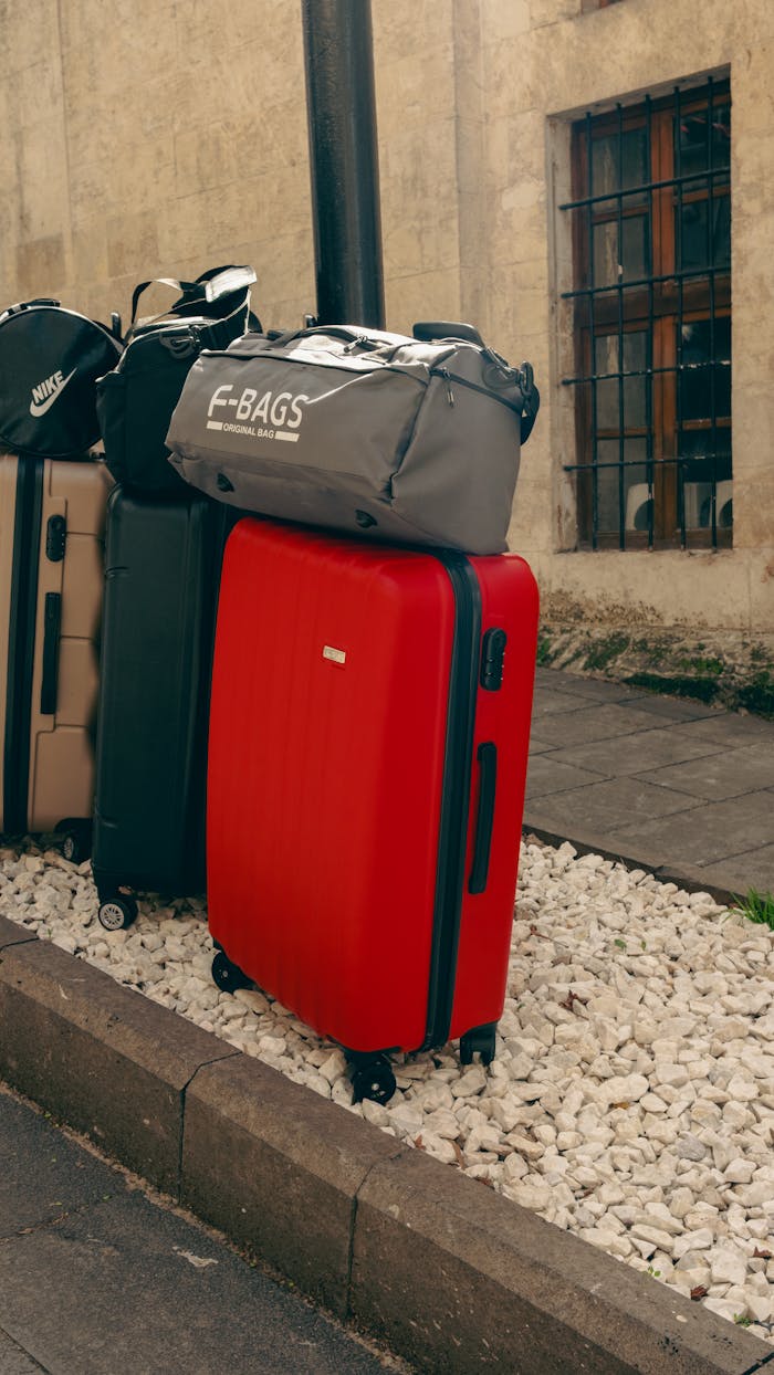 Vibrant luggage on Gaziantep street, capturing travel essence.